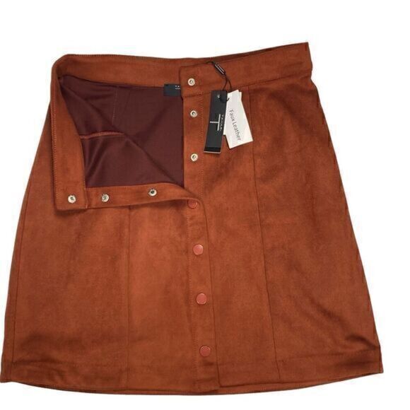 Tahari Mini Skirt Womens 6 Brown Faux Suede Leather Snap Button Front Pencil NEW - Picture 6 of 10